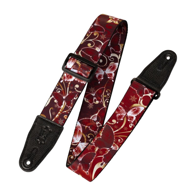 Levy's Leathers 2" Wide Polyester Guitar Strap with Genuine Leather Ends; Red Butterfly Motif (MPD2-027) - Image 1